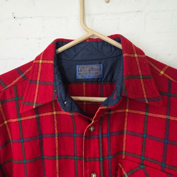 Pendleton VTG 100% Virgin Wool Button Up Shirt Size M Red Plaid Elbow Patches - Picture 5 of 8